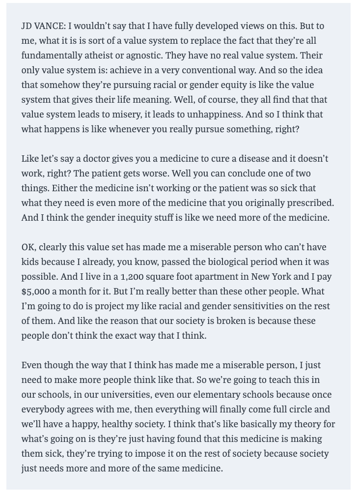 mmfa's tweet photo. At one point during the interview, Vance attacked people “who can't have kids” because they “passed the biological period when it was possible” as “miserable” people who pursue “racial or gender equity” to give “their life meaning.” https://t.co/vopCChmNOy