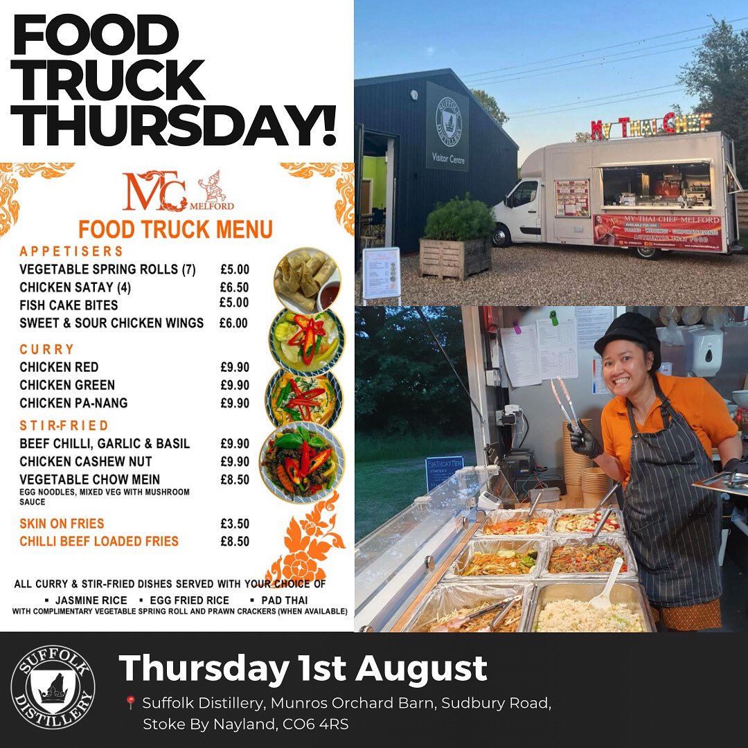 Next week we welcome back @mythaichefmelford for FOOD TRUCK THURSDAY😍✨

Join us at the distillery for some delicious Thai cuisine from 5pm. Our bar and shop will also be open!🍸

Everyone is welcome! We look forward to seeing you!🙌🌤

#suffolk #suffolkdistillery #gin #thaifood