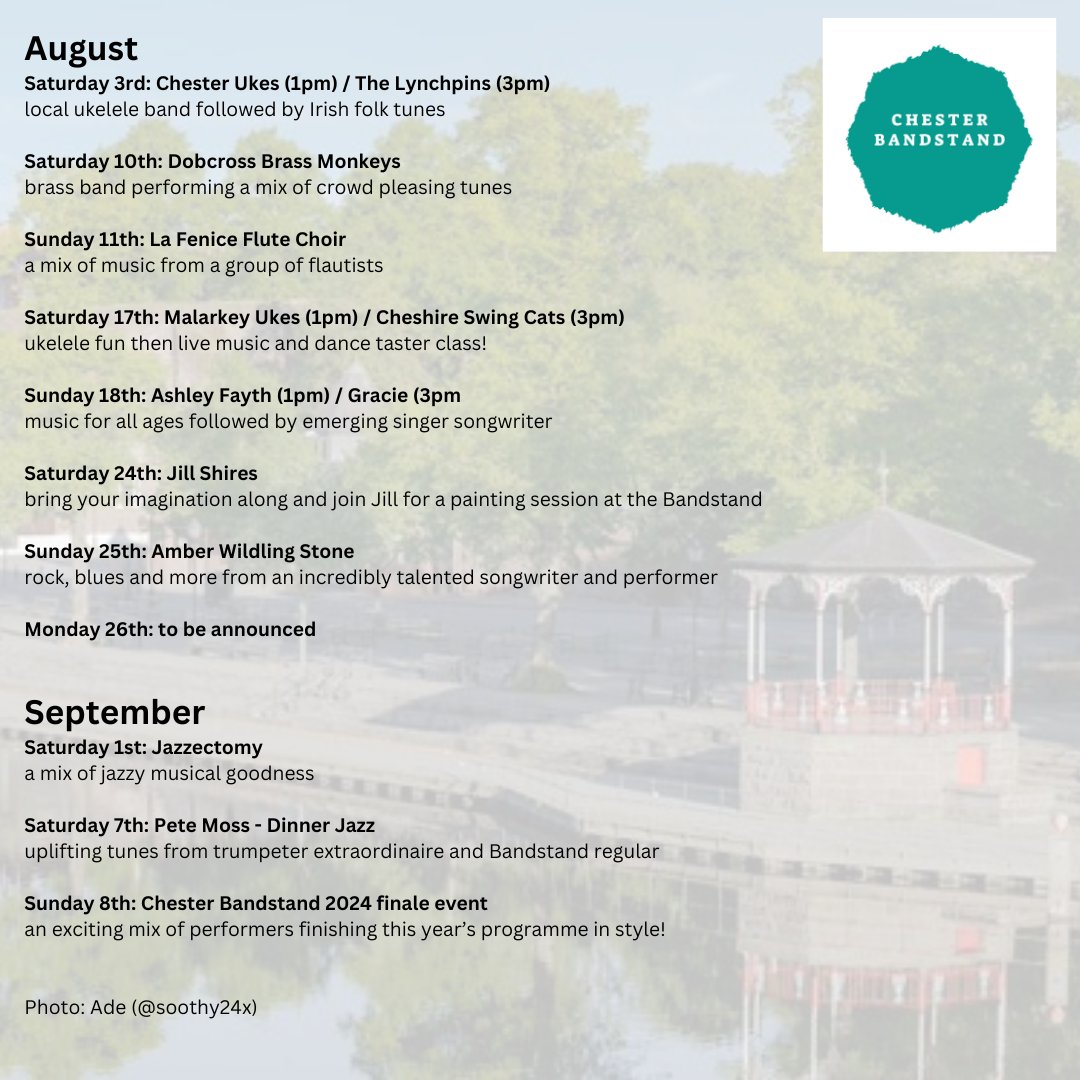 Chester Bandstand (@bandstandch1) on Twitter photo This Sunday sees the return of the fabulous <a href="/deesignchoir/">Dee Sign Choir</a> who always get a great reception!
Then here's how the rest of the programme looks!
All free to attend - 1pm start unless otherwise stated. This Sunday sees the return of the fabulous <a href="/deesignchoir/">Dee Sign Choir</a> who always get a great reception!
Then here's how the rest of the programme looks!
All free to attend - 1pm start unless otherwise stated.