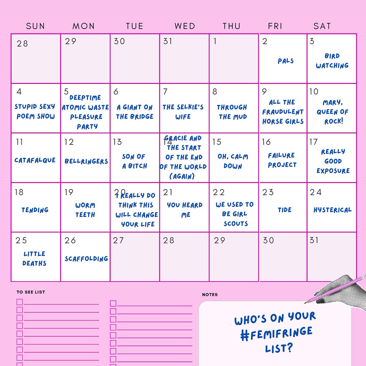 The #FemiFringe Guide (available in print next week) comes with a handy calendar for planning!

Here’s <a href="/Rachel_ORegan/">rach writes plays @racheloregan.bsky.social</a>’s dream schedule 💭✨ Just slightly fearing how broke she’ll be at the end of August! 

Share the love with your FemiFringe schedule 💕 #edfringe