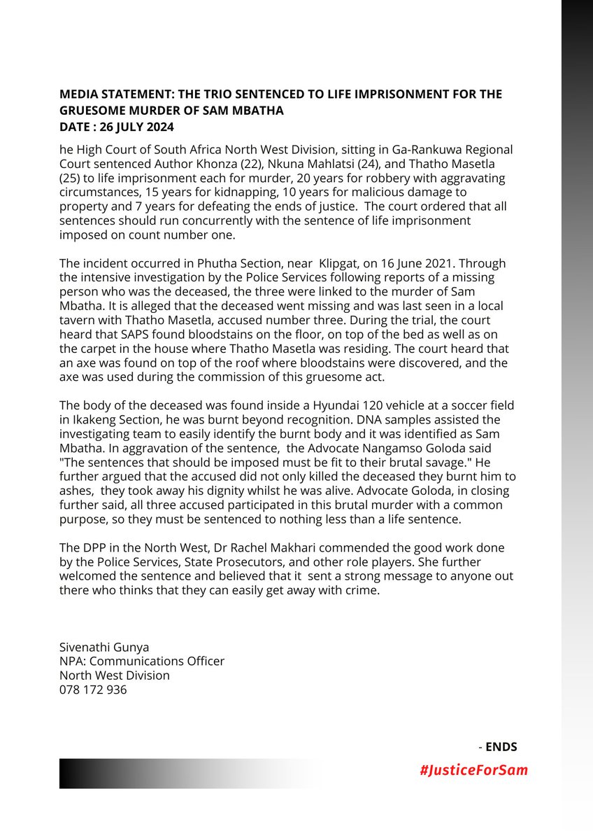 SamJuniorMbath1's tweet image. After months of advocating, justice is delivered. Sam Junior Mbatha&apos;s Foundation and the Mbatha family express gratitude for the support received during challenging times.
#JusticeForSam