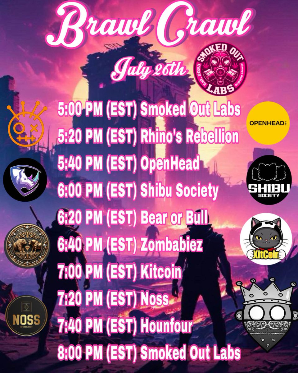 Smoked Out Labs (@smoked_out_nft) on Twitter photo July 26th, 2024's Brawlcrawl
Presented by : <a href="/SMOKED_OUT_NFT/">Smoked Out Labs</a>
Hosted by : <a href="/smoke1_eth/">Smoke1.eth</a>
If you'd like to participate find links in
discord.gg/smokedoutlabs
If you'd like to get your community involved in a brawlcrawl create a ticket in the discord! July 26th, 2024's Brawlcrawl
Presented by : <a href="/SMOKED_OUT_NFT/">Smoked Out Labs</a>
Hosted by : <a href="/smoke1_eth/">Smoke1.eth</a>
If you'd like to participate find links in
discord.gg/smokedoutlabs
If you'd like to get your community involved in a brawlcrawl create a ticket in the discord!