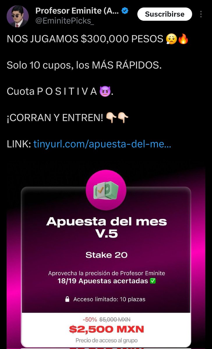 EMINITE 
APUESTA DEL MES V5
Muy exclusiva 
Ayúdenme con 100 ❤️ interacciones 
Y se las dejo gratis como todas las anteriores acá: t.me/+QG1aDFwLA1pmO…