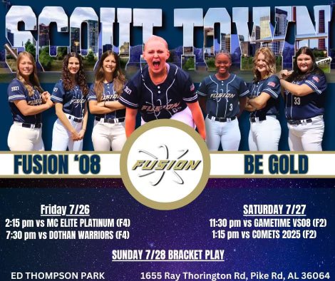 So excited to play at the Scout Town Montgomery tournament this weekend! <a href="/Fusion2008x/">Fusion 08 Gold</a> <a href="/Fusion_SBOrg/">Fusion Fastpitch Organization</a> <a href="/UAH_SB/">UAH Softball</a> <a href="/MontevalloSB/">MontevalloSB</a> <a href="/NWSCC_SB/">Northwest Shoals Softball</a> <a href="/SoftballSewanee/">Sewanee Softball</a>