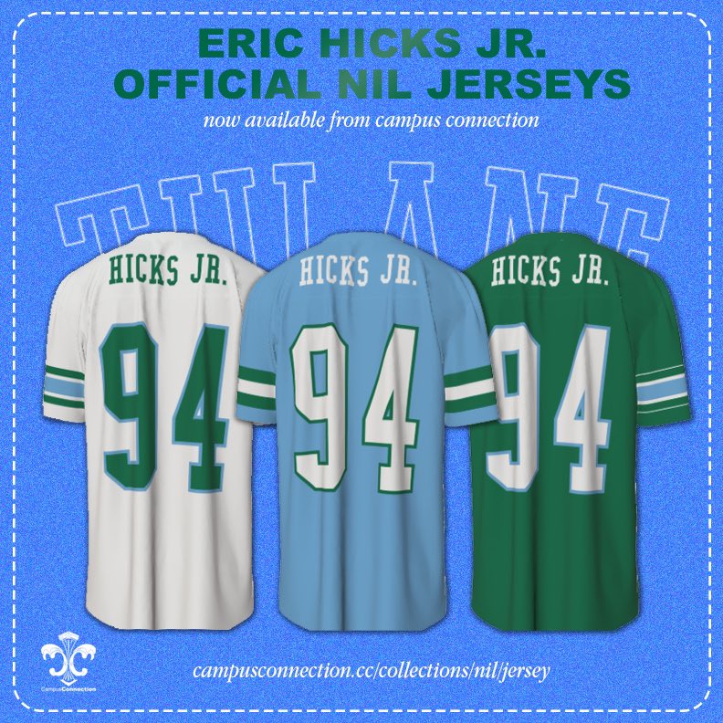 TulaneShop's tweet photo. Introducing our newest NIL athlete: @EricHicksJr72!! His jersey is now available on our website!! #rollwave https://t.co/wA3YXkSotS