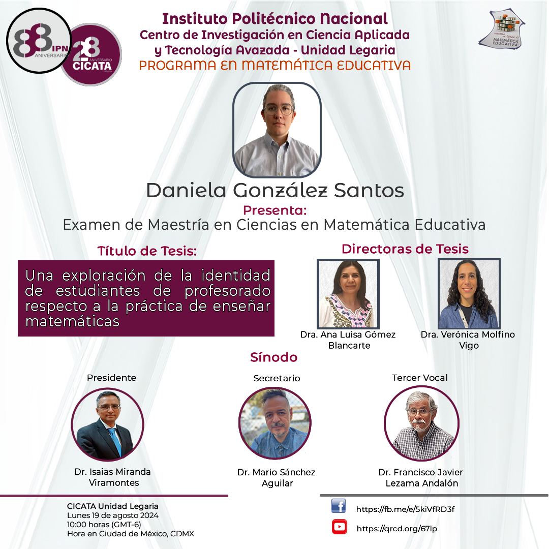 Nos vamos de vacaciones, pero, regresamos con todo y por eso los invitamos a seguir la transmisión en vivo de la defensa de Tesis para obtener el Grado de Maestría en Ciencias en Matemática Educativa de su compañera Daniela González Santos.
#SomosProME
#OrgullosamentePolitécnicos