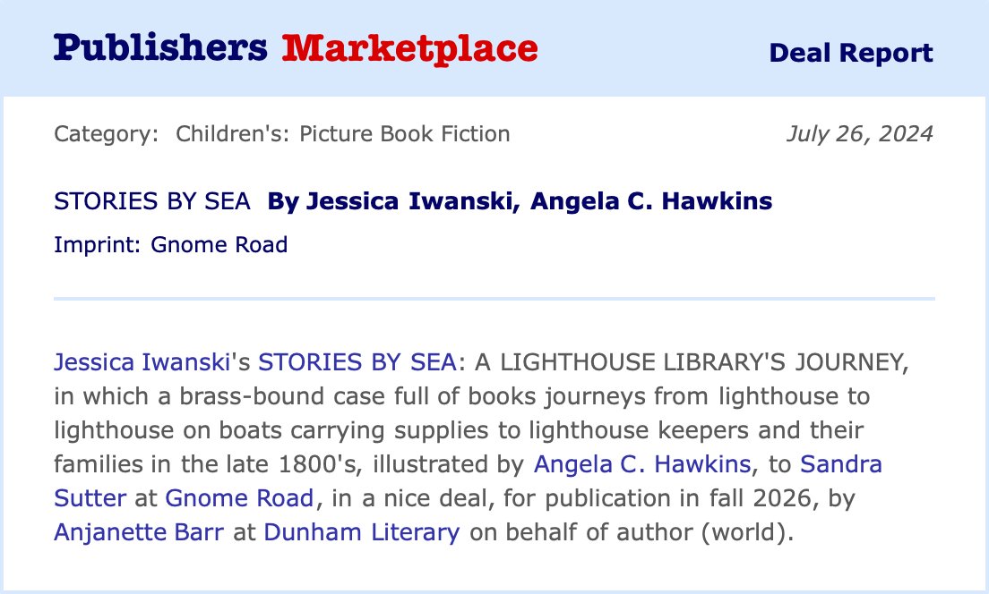 Gnome Road Publishing (@gnomeroadpub) on Twitter photo We are welcoming author <a href="/jessicaiwanski/">Jessica Iwanski</a> (rep'd by <a href="/bookbarrista/">Anjanette Barr</a> at Dunham Literary) to Gnome Road Publishing! Her book, STORIES BY SEA, will be illustrated by the incredibly talented <a href="/hawkins_angelac/">Angela C. Hawkins</a>, and arrives Fall 2026!
#kidlit #HistoricalFiction #libraries #picturebooks We are welcoming author <a href="/jessicaiwanski/">Jessica Iwanski</a> (rep'd by <a href="/bookbarrista/">Anjanette Barr</a> at Dunham Literary) to Gnome Road Publishing! Her book, STORIES BY SEA, will be illustrated by the incredibly talented <a href="/hawkins_angelac/">Angela C. Hawkins</a>, and arrives Fall 2026!
#kidlit #HistoricalFiction #libraries #picturebooks
