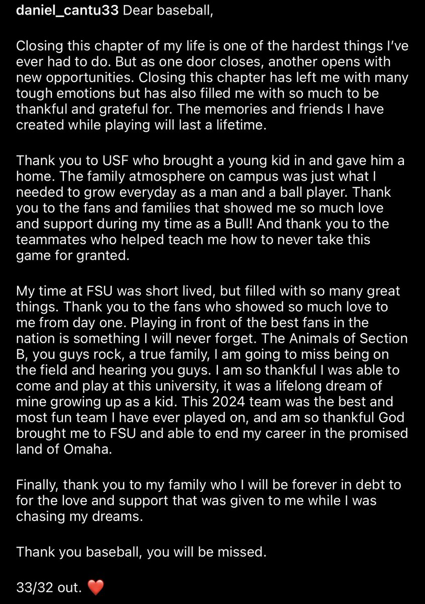 brettpn's tweet photo. Daniel Cantu announced on his IG today that his baseball career has concluded. He was invaluable to FSU’s run to Omaha in his lone season in Garnet &amp; Gold. His veteran presence off the field, defensively at first base, and in the bottom half of the lineup was crucial. https://t.co/CxODNU36aI