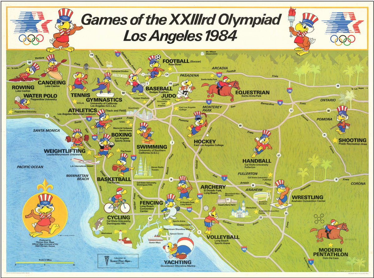 Map of the 1984 Summer Olympics in Los Angeles which opened in the @LAColiseum 40 years ago, on July 28, 1984. <a href="/BarryRuderman/">Raremaps.com</a>: raremaps.com/gallery/detail… #LA84