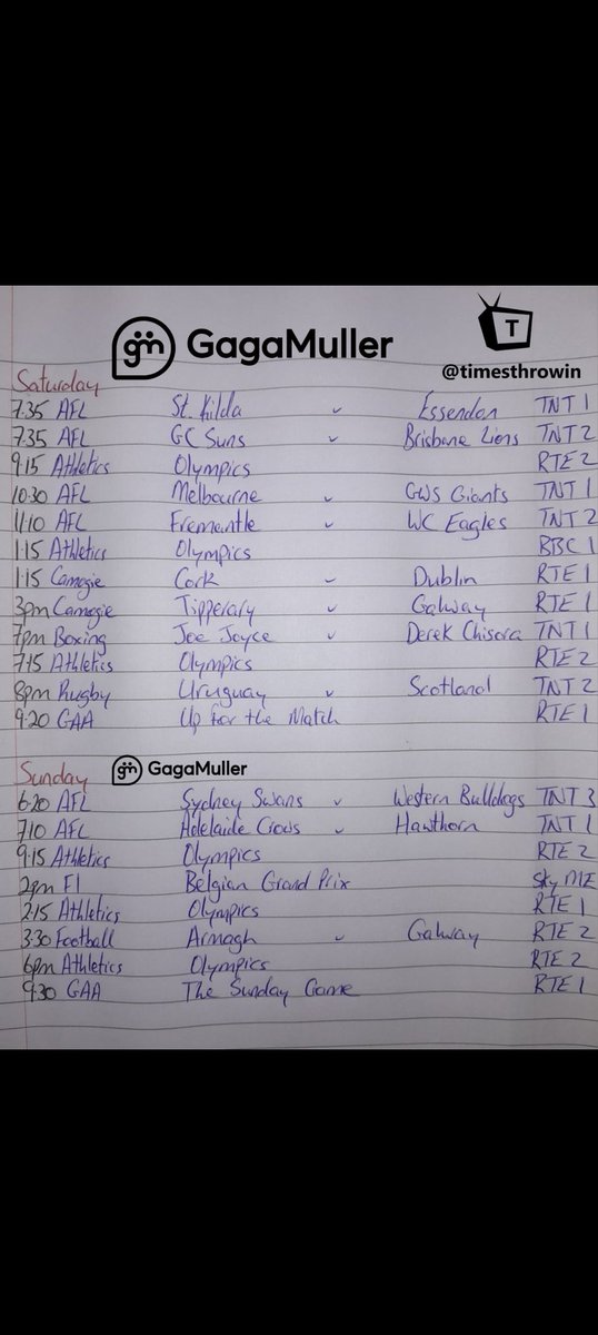 Howdy everybody! The weekly post for you sports degenerates is back! We have another cracker of a weekend in store to wet yer whistles! 💃 Enjoy her folks and stay safe! Big game on Sunday for the All-Ireland Football Final! 🫣

gagamuller.com

linkedin.com/company/gagamu…