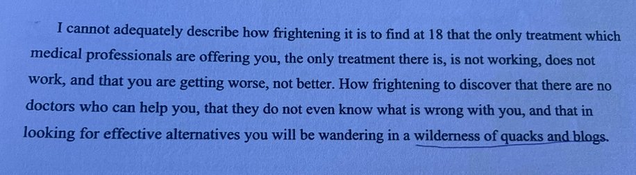 Maeve Boothby O'Neill's inquest heard today from Maeve herself. Her frustrations about a lack of understanding of ME, the need for better research.

"This is existential. I am fighting for my health and a chance to live". 

Maeve wrote this aged 26. She died months later.