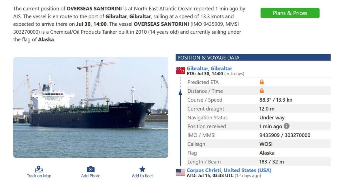 BREAKING 🇵🇸🇮🇱 Under pressure from the #NoHarbourForGenocide campaign, the Overseas Santorini — a US oil tanker carrying jet fuel for Israel's assault on Gaza — will NOT dock in Spain.

It is now due to reach Gibraltar 🇬🇮 on 30 July. The fight continues.