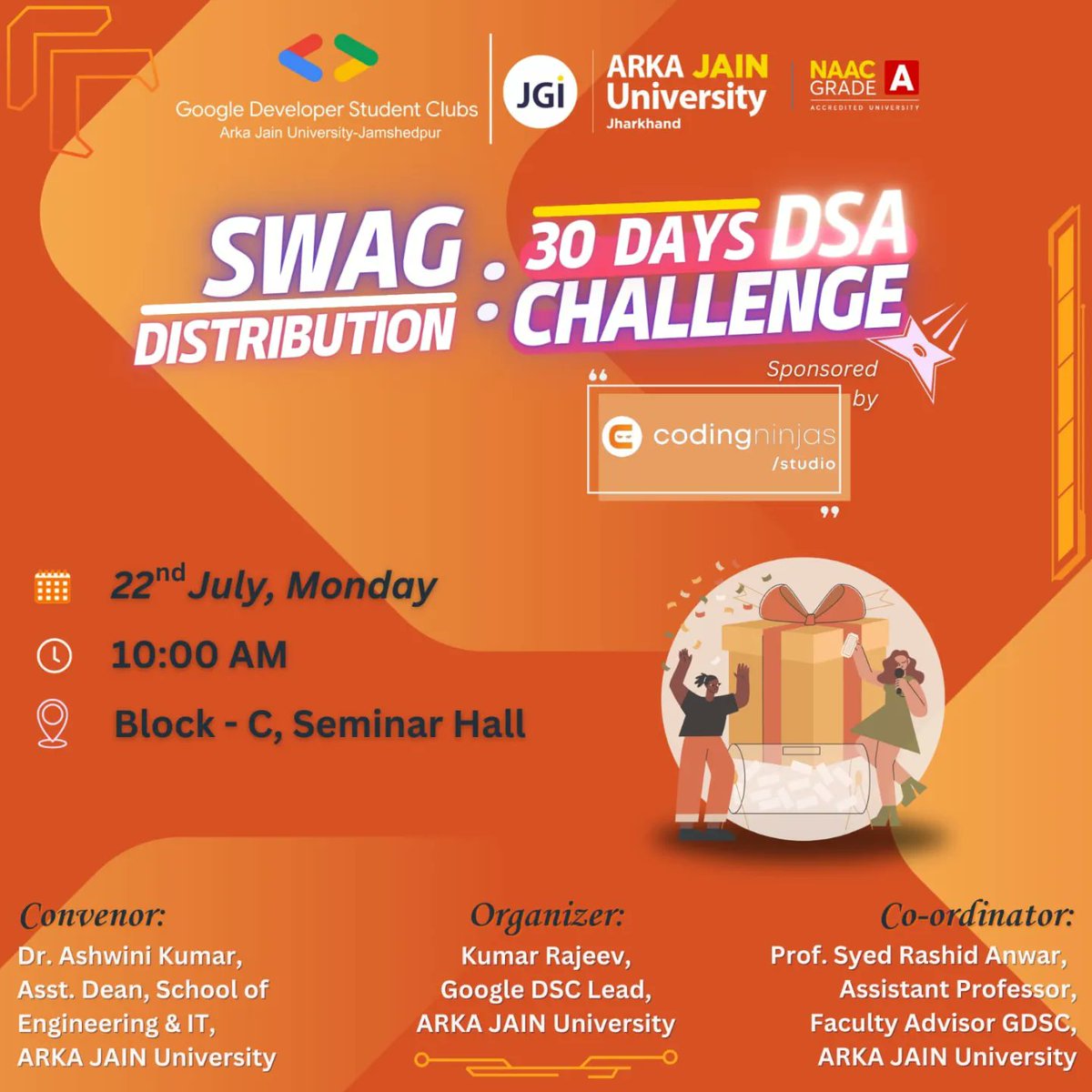 GoogleDSC_AJU's tweet photo. 🚀 GDSC-AJU is thrilled to announce the successful completion of our 30 Days DSA Challenge sponsored by Coding Ninjas! 🎉 This exciting event was designed to sharpen 🧠 problem-solving skills, enhance 💻 coding prowess, and give a competitive edge in the tech world.
#codingninjas https://t.co/2ROO1GNPm3
