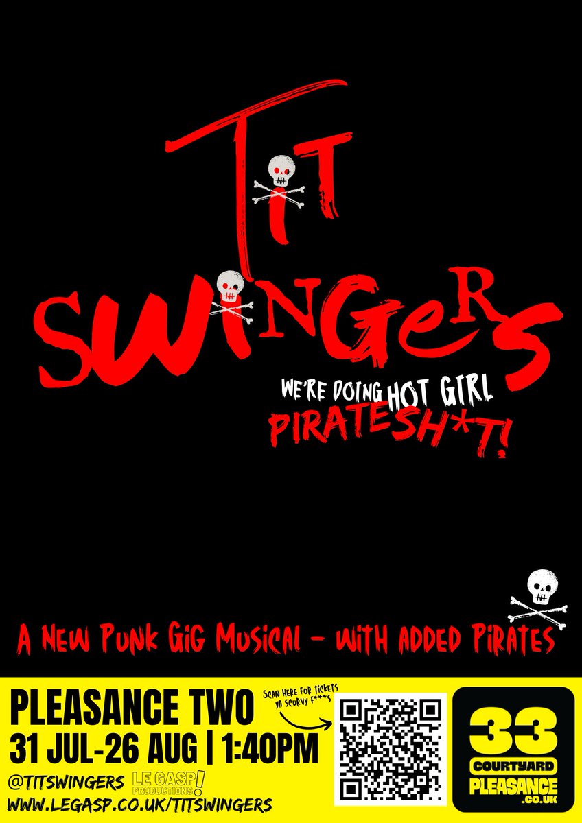 It's #QuickFlyer day! How about some Queer Punk Pirates? That's it - that's the pitch

TIT SWINGERS - A new Punk Gig Comedy (with added Pirates) 🏴‍☠️🌈☠️

<a href="/ThePleasance/">Pleasance</a> | 1:40PM
pleasance.co.uk/event/tit-swin…

#EdFringe #Musical #Comedy #Gig #Pirates #Queer