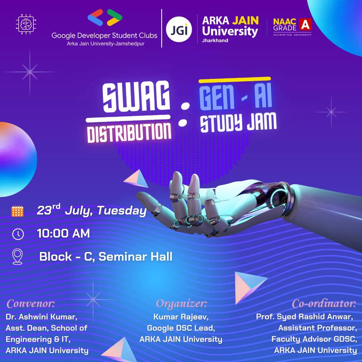 GoogleDSC_AJU's tweet photo. 📢 🎉 GDSC-AJU Swag Distribution Ceremony for the Gen-AI Study Jam! 🎁✨

We’re beyond excited to celebrate the successful completion of the Gen-AI Study Jam organized by GDSC-AJU at Arka Jain University with a fantastic swag distribution ceremony! 🌟🙌 https://t.co/8PopAZgvC9