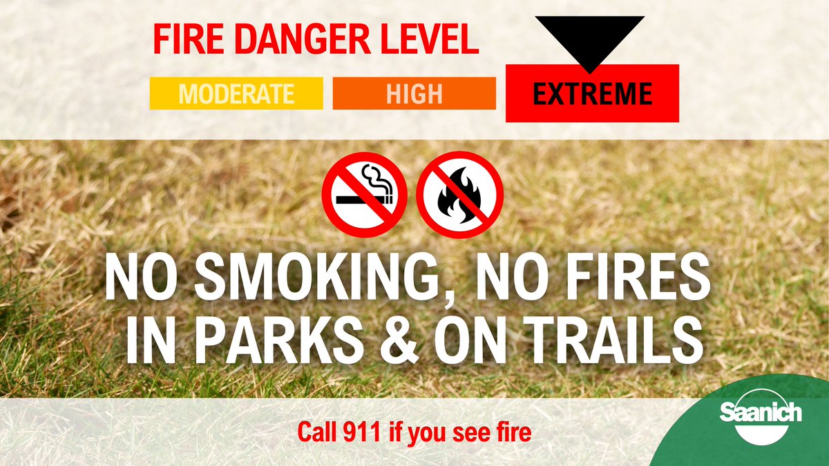 🚨 Southern Vancouver Island’s current fire danger rating is EXTREME. 
Please remember: NO smoking or fires in parks/trails. If you spot a fire, call 911 immediately. 
Thank you for doing your part! Stay safe and learn more about summer fire safety here: bit.ly/46j8Dwp