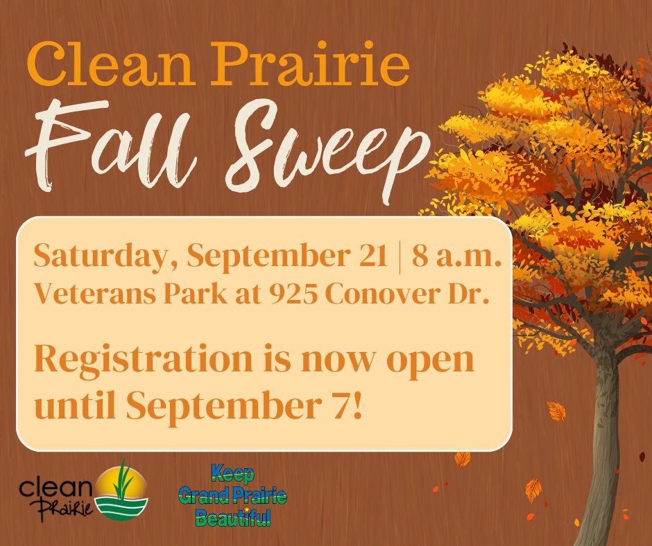 gp_tx's tweet photo. Calling all community volunteers, business groups, friends, and family to join Clean Prairie and help us make GP litter free at the third annual Clean Prairie Fall Sweep on Saturday, September 21.🍂 #CleanPrairie
Registration is available now at https://t.co/fQiqq7nTVK https://t.co/FefmLg7DUy