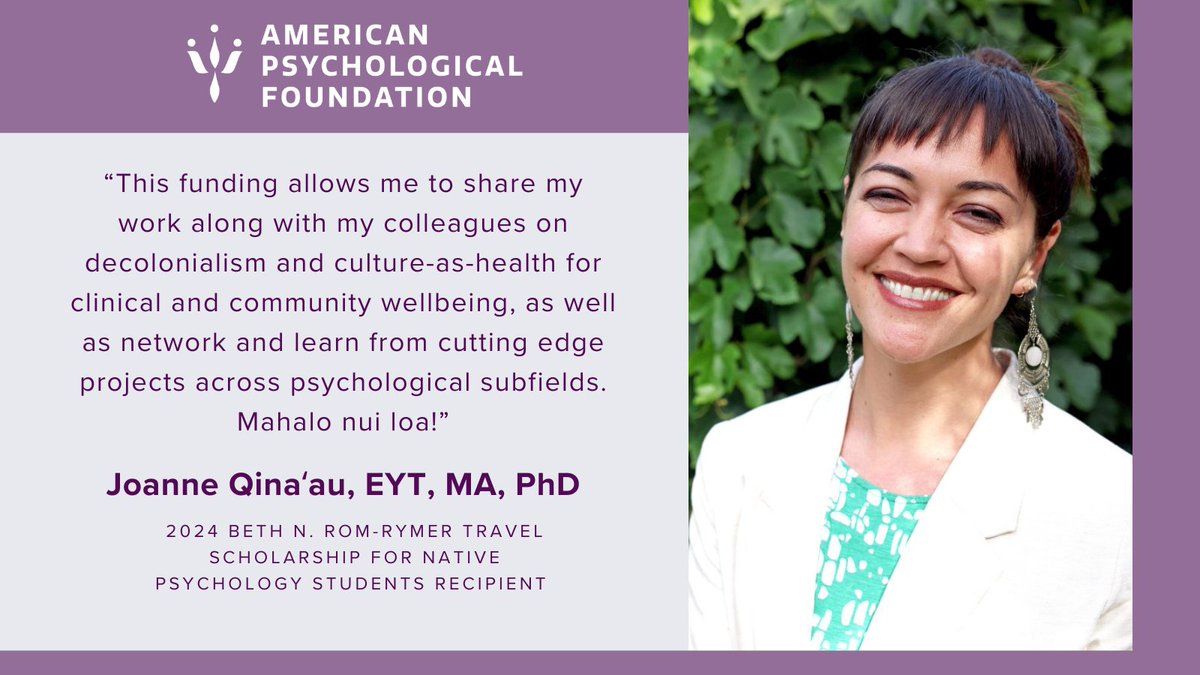 American Psychological Foundation (@ampsychfdn) on Twitter photo Congratulations to Dr. Joanne Qina'au of <a href="/uhmanoa/">University of Hawaii at Manoa</a> on recieving one of the Beth N. Rom-Rymer Travel Scholarships for Native Psychology Students!π We're thrilled that this funding will support Dr. Qina'au's travels to APA Convention and support their impactful career. β¨ Congratulations to Dr. Joanne Qina'au of <a href="/uhmanoa/">University of Hawaii at Manoa</a> on recieving one of the Beth N. Rom-Rymer Travel Scholarships for Native Psychology Students!π We're thrilled that this funding will support Dr. Qina'au's travels to APA Convention and support their impactful career. β¨