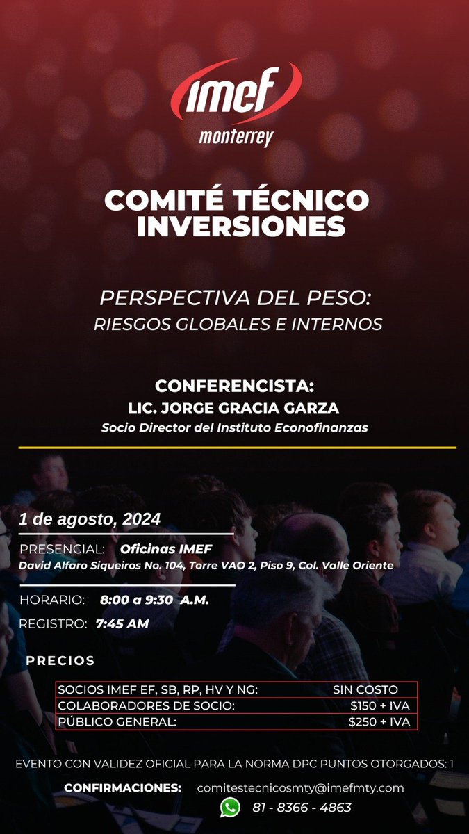 Te invitamos a descubrirlo en nuestro próximo evento: "Perspectiva del Peso: Riesgos Globales e Internos", a cargo de Lic. Jorge Gracia Garza, Socio Director del Instituto Econofinanzas.

¡Asegura tu lugar! 📚✨
📧 comitestecnicosmty@imefmty.com
📞 8183664863
