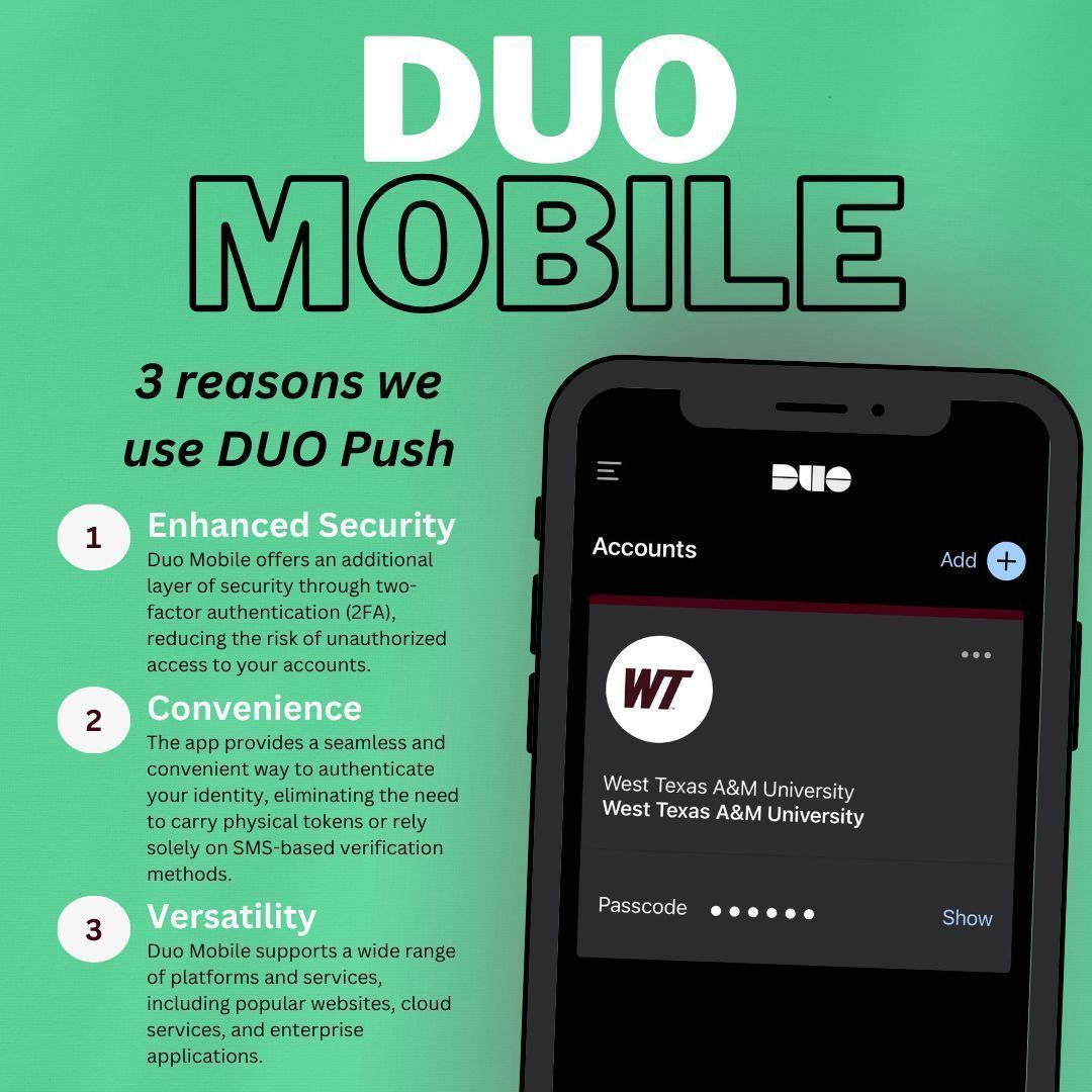 wtamuinfotech's tweet image. Stay secure with Duo Mobile - the best way to protect your accounts! #DuoMobile #CyberSecurity #SecureLogin #TwoFactorAuthentication #WTAMU #WTAMUinfotech