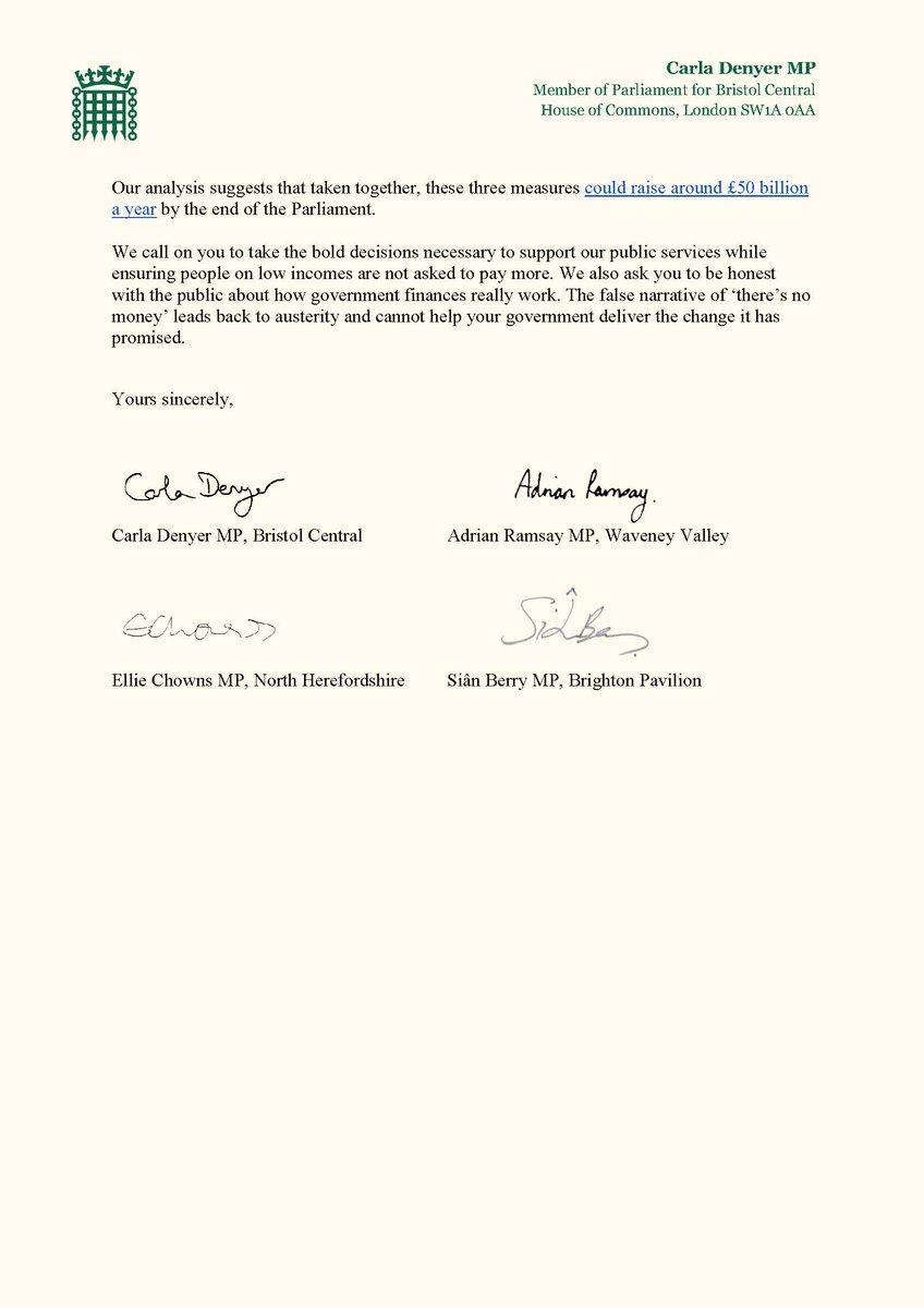 .<a href="/TheGreenParty/">The Green Party</a> MPs <a href="/AdrianRamsay/">Adrian Ramsay MP</a>, <a href="/EllieChowns/">Ellie Chowns</a>, <a href="/sianberry/">Sian Berry</a> and I have written to <a href="/RachelReevesMP/">Rachel Reeves</a> ahead of her statement to the Commons regarding the public finances.

We urge the Chancellor to take the bold action necessary to restore public services and support households with