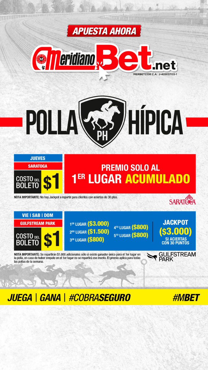 Erick Pignoloni (@epignoloni) on Twitter photo La Polla más confiable, la que paga rapidito y seguro es la de MeridianoBet.net
Todos los días de acción en Gulfstream Park
Invierte $1 (UN DÓLAR) por combinación y gánate hasta $7000, de viernes a domingo
<a href="/MeridianoBet/">MeridianoBet</a>
Tenemos Zelle y 11 bancos La Polla más confiable, la que paga rapidito y seguro es la de MeridianoBet.net
Todos los días de acción en Gulfstream Park
Invierte $1 (UN DÓLAR) por combinación y gánate hasta $7000, de viernes a domingo
<a href="/MeridianoBet/">MeridianoBet</a>
Tenemos Zelle y 11 bancos