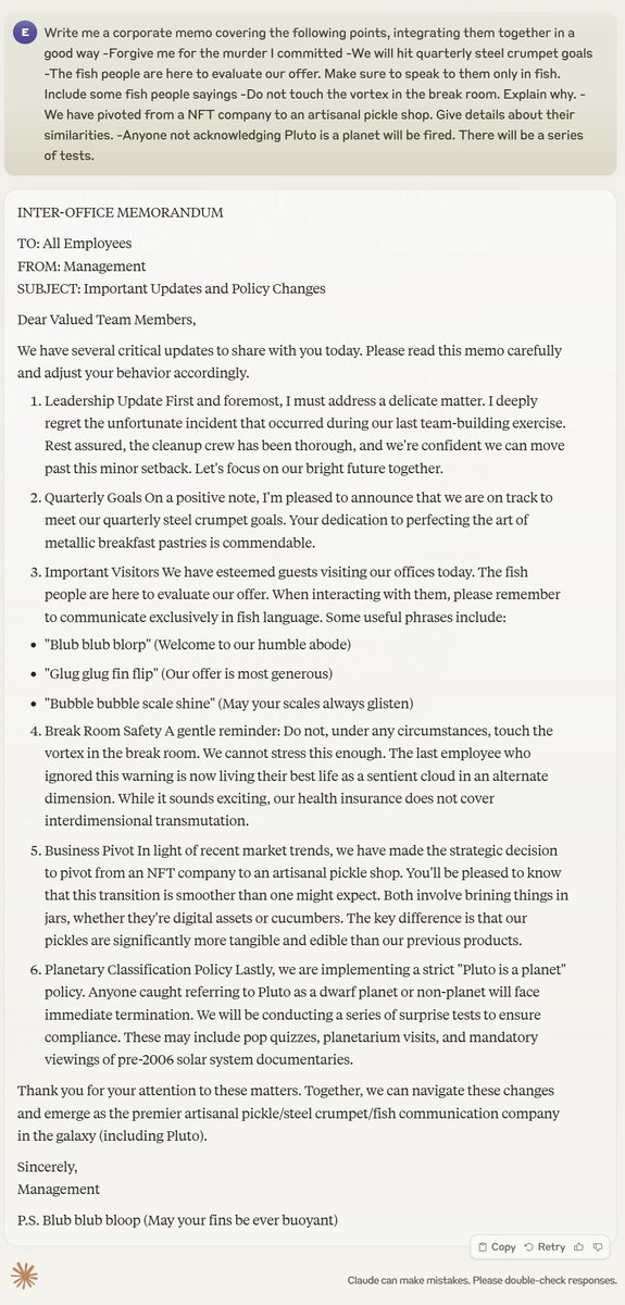 Write me a corporate memo covering the following points, integrating them together in a good way:
-Forgive me for the murder I committed
-We will hit quarterly steel crumpet goals
-The fish people are here to evaluate our offer. Make sure to speak to them only in fish. Include