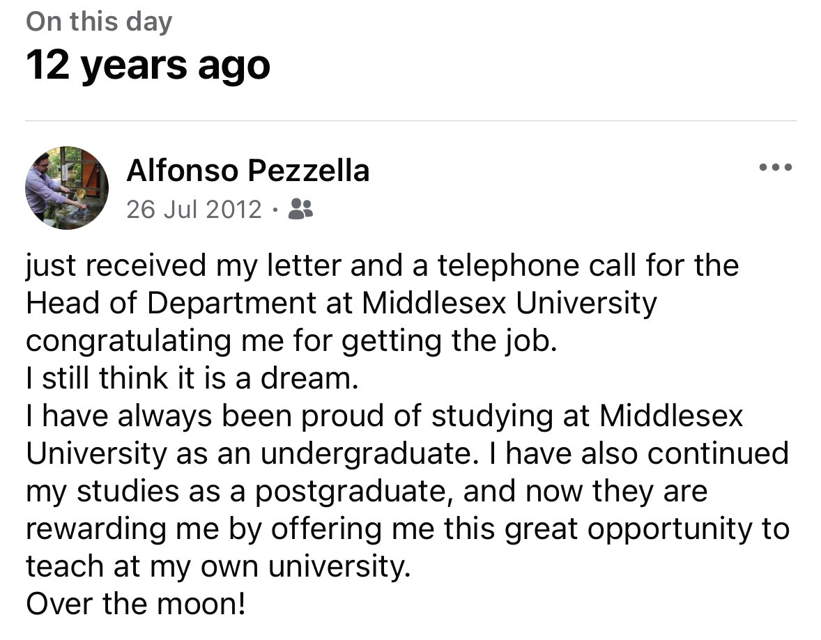 Alfonso Pezzella (@alfpezzella) on Twitter photo Facebook reminds me that it’s been 12 years since I got my job offer <a href="/MiddlesexUni/">Middlesex University</a> - I was proud then and still proud today to work at MDX, the place where I had opportunities to grow professionally, and where I had the pleasure to train many health & social care professionals. Facebook reminds me that it’s been 12 years since I got my job offer <a href="/MiddlesexUni/">Middlesex University</a> - I was proud then and still proud today to work at MDX, the place where I had opportunities to grow professionally, and where I had the pleasure to train many health & social care professionals.