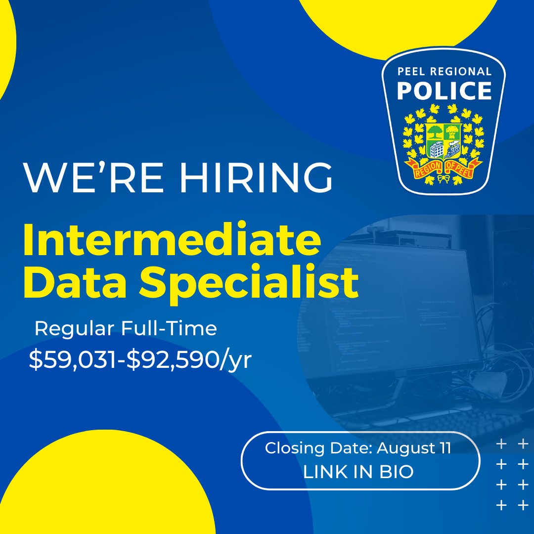 PRPRecruiting's tweet image. 🚨💥Join Peel Regional Police as an Intermediate Data Specialist🚚💼

Apply by August 11th and be part of our progressive team or tag someone you think will be perfect for this job!
#PeelRegionalPolice #JobsInTech #WeAreHiring #JobOpportunity 📦🚓