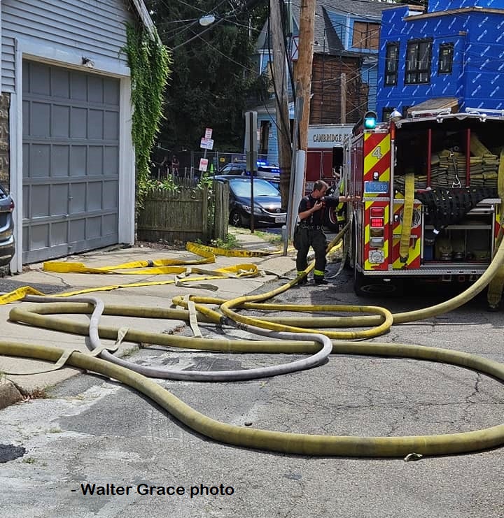 CambridgeMAFire's tweet photo. Cambridge Firefighters have never been hesitant to put hose on street - supply lines &amp; attack lines!
Quick attack! Quick knockdown! 
Working fire Box 45-78 on Saturday, 20 July 2024.
#TacticsandStrategy
Group 4 was on duty.
- Walter Grace photos https://t.co/C8Itomm0uu
