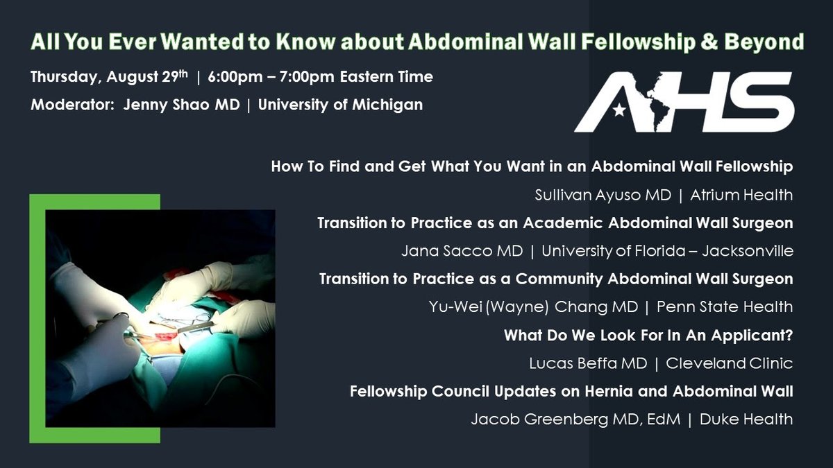 Sully Ayuso (@sayusomd) on Twitter photo For 2024-2025 MIS applicants and current fellows - join <a href="/AmericanHernia/">American Hernia Society</a> as we discuss fellowship training in AWR and transition into practice! <a href="/jennyshaomd/">Jenny Shao, MD, FACS (she/her)</a> @janamichele10 <a href="/wchang87/">Wayne Chang MD, MS</a> <a href="/DukeHernia/">Jacob Greenberg</a> and Lucas Beffa. <a href="/FellowshpCouncl/">Fellowship Council</a> <a href="/eurohernias/">European Hernia Society</a> <a href="/SAGES_Updates/">SAGES is in Long Beach in 2025!</a> <a href="/KT_Schlosser/">Katie Schlosser</a> For 2024-2025 MIS applicants and current fellows - join <a href="/AmericanHernia/">American Hernia Society</a> as we discuss fellowship training in AWR and transition into practice! <a href="/jennyshaomd/">Jenny Shao, MD, FACS (she/her)</a> @janamichele10 <a href="/wchang87/">Wayne Chang MD, MS</a> <a href="/DukeHernia/">Jacob Greenberg</a> and Lucas Beffa. <a href="/FellowshpCouncl/">Fellowship Council</a> <a href="/eurohernias/">European Hernia Society</a> <a href="/SAGES_Updates/">SAGES is in Long Beach in 2025!</a> <a href="/KT_Schlosser/">Katie Schlosser</a>