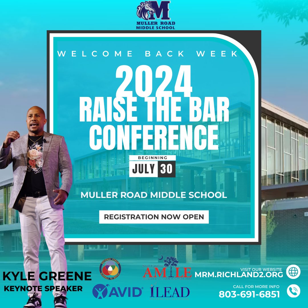 mullerroad's tweet image. We are excited to welcome our faculty and staff back for our “Raise The Bar” Conference beginning July 30th headlined by our keynote speaker @KyleSpeaks_ ‼️

#RaiseTheBar
#WelcomeBackWeek
#MiddleSchool