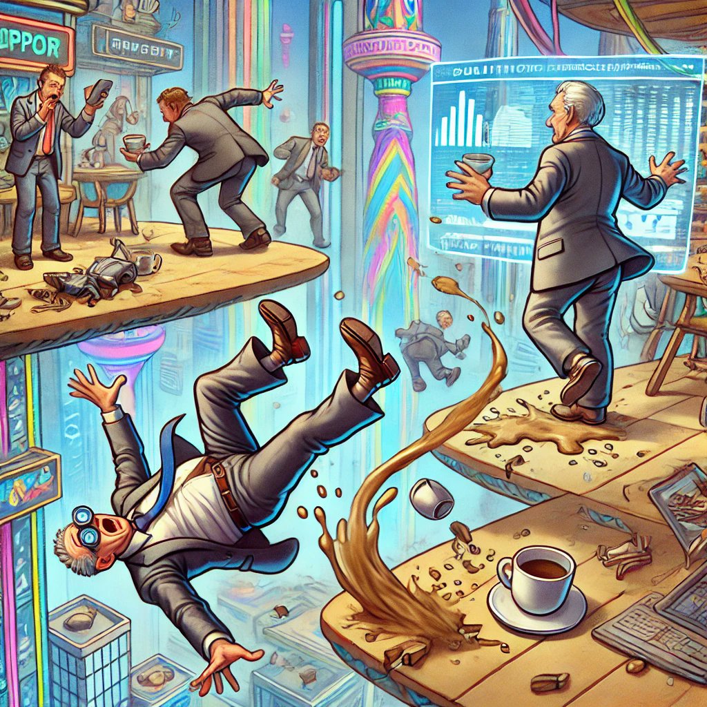 BidenBlunderC's tweet image. &quot;Even the most tech-savvy leaders have their clumsy moments! This surreal cartoon shows politicians hilariously stumbling over futuristic tech in a vibrant cityscape. #PoliticalGaffe #FuturisticFun&quot;