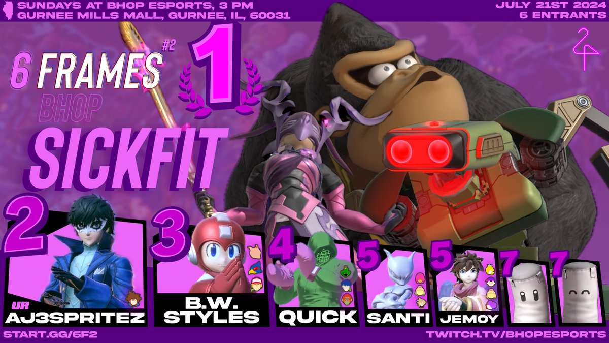 Congrats to <a href="/SoupFan__/">ethanawesome 👀🔥💯</a> for winning Short Hop Saturday and @SickfitDK for winning 6Frames! 
We have another weekend of brackets! I hope to see more spots filled for these graphics! 
Reg:
Start.gg/shorthop (Hawthorn Mall)
Start.gg/6F (Gurnee Mills Mall)