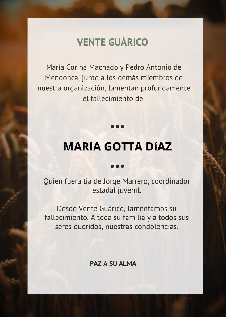 En <a href="/VenteGuaricoYA/">Vente Guárico</a> lamentamos profundamente la partida de María Gotta, tía de Jorge Marrero, nuestro coordinador estadal de Vente Joven. A él, al resto de su familia y a demás seres queridos, un abrazo de mucha fortaleza.