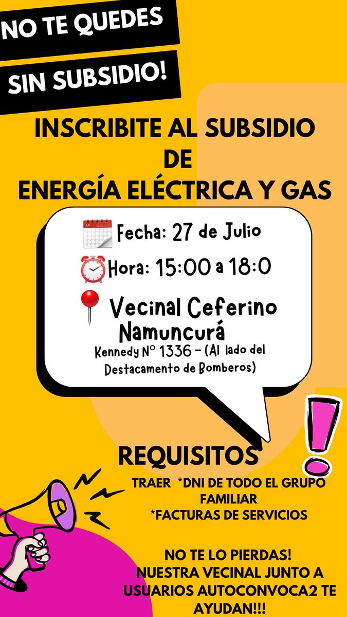 CeferinoVecinal's tweet photo. 🌟Atención a todos los vecinos🌟
¿Sabías que podés inscribirte al subsidio de energía eléctrica y gas? Este beneficio está diseñado para ayudarte a reducir los costos de estos servicios esenciales.
🗓 Fecha: 27 de Julio
🕒 Hora: 15:00 a 18:00
📍Lugar: VECINAL CEFERINO NAMUNCURÁ https://t.co/kXHvRilc5x