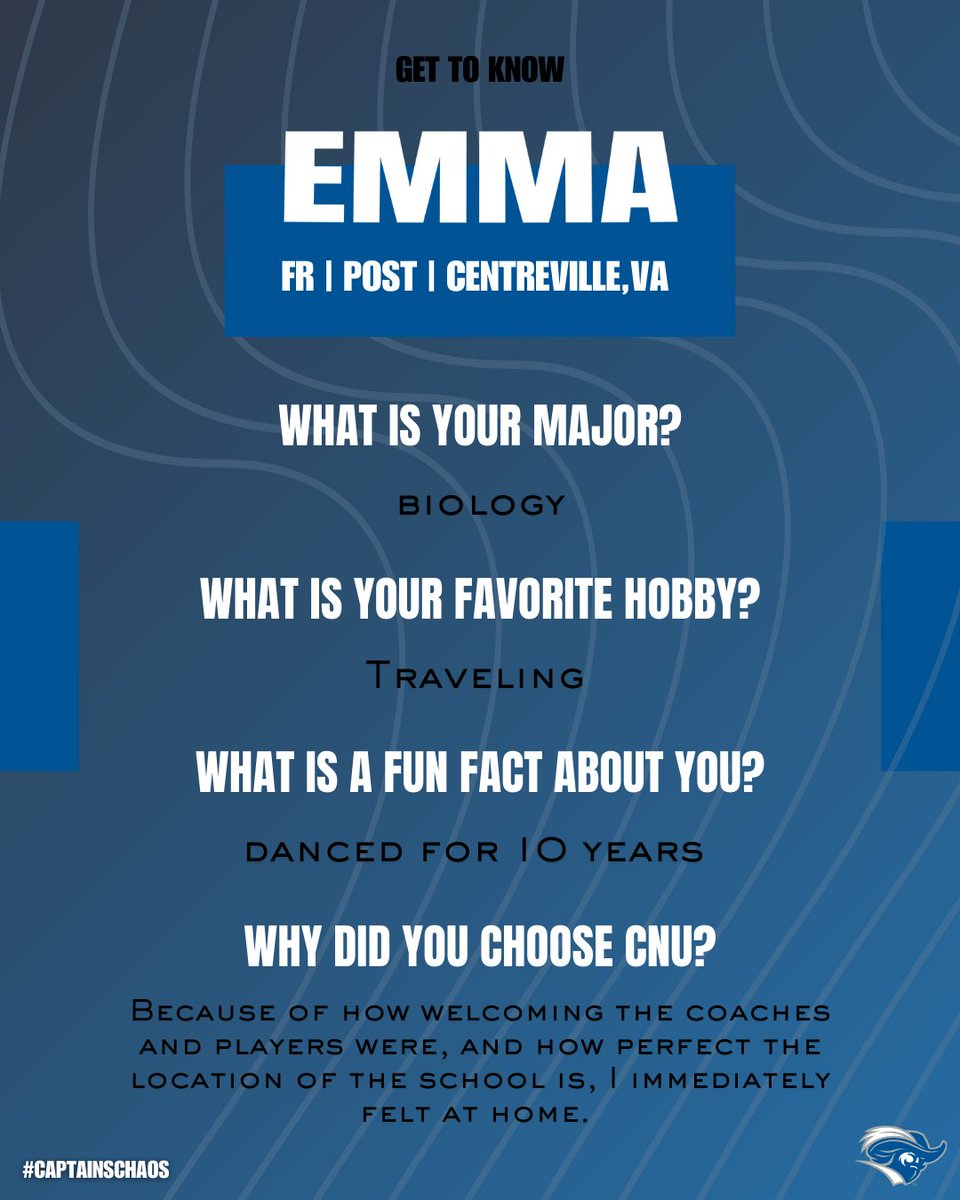 🚨Freshman Friday🚨
Help us welcome our incoming Captain, Emma O’Connor @ <a href="/eoconnorr/">Emma O’Connor</a>  💙⚓️

#cnuwbb #gocaptains
