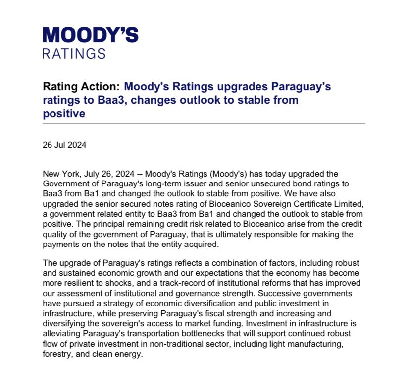 acostasamu's tweet photo. Como anticipamos en @5diasPY sale el documento que confirma que #Moodys elevó la calificación de #PY a la nota #Baa3 que lo posiciona como grado de inversión. Se destaca la calidad crediticia del país gracias al fortalecimiento económico y a las reformas y fortaleza fiscal. https://t.co/KpoVO47xYu