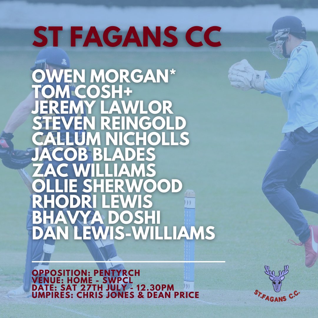 St Fagans Cricket Club π¦π (@stfaganscricket) on Twitter photo Tomorrow we host <a href="/PentyrchCricket/">Pentyrch Cricket Club ππ¦</a> at Crofft-y-Genau Road.
It's an unchanged lineup for the Stagsπ Tomorrow we host <a href="/PentyrchCricket/">Pentyrch Cricket Club ππ¦</a> at Crofft-y-Genau Road.
It's an unchanged lineup for the Stagsπ