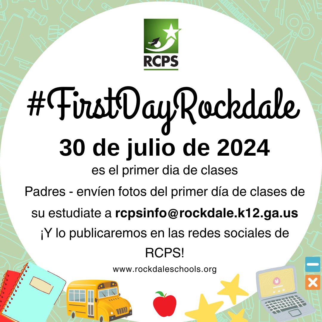 Rockdale County Public Schools (@rockdaleschools) on Twitter photo ¡El primer día de clases de RCPS es el martes 30 de julio de 2024! ¡Padres, envíen sus fotos de #FirstDayRockdale a rcpsinfo@rockdale.k12.ga.us y las publicaremos aquí! ¡El primer día de clases de RCPS es el martes 30 de julio de 2024! ¡Padres, envíen sus fotos de #FirstDayRockdale a rcpsinfo@rockdale.k12.ga.us y las publicaremos aquí!