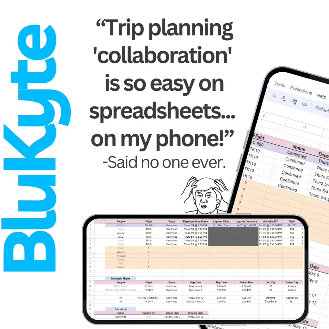 blu_kyte's tweet photo. POV: Actual snippet of a spreadsheet from our #trip to #Turkey 🇹🇷

It's time to move on to better ways ##tripplanning because juggling multiple apps and #spreadsheets is so #2020! 😬

Your #travel #bff is #ComingSoon.  ✈️

Sign up at https://t.co/4hZULIbJL8 

#BluKyte #travel #friends #Collaboration #startuplife