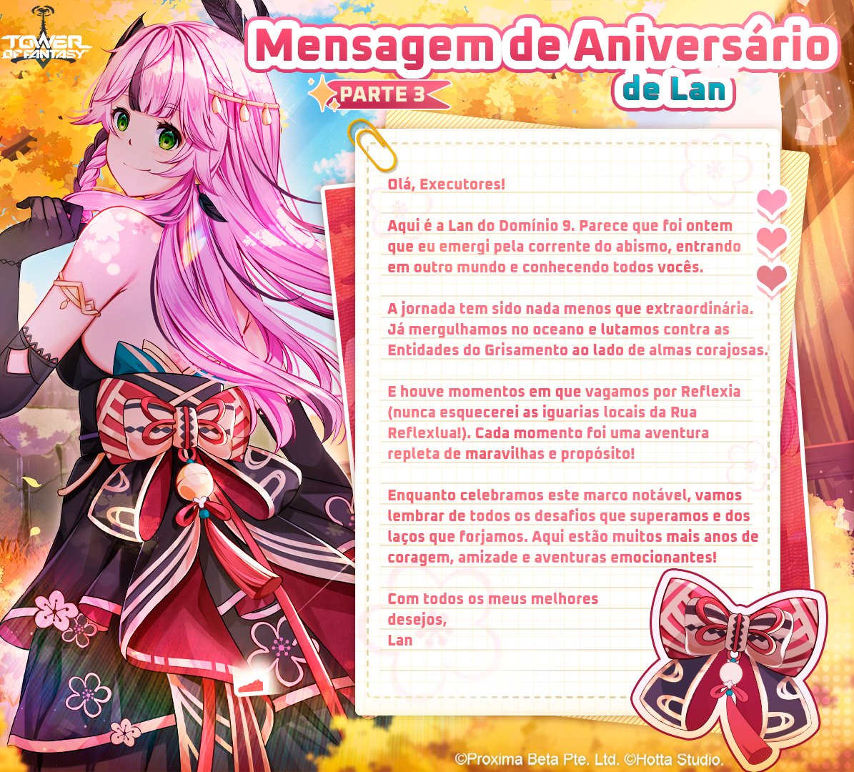 Lan também enviou sua mensagem! 🎉 Vamos ver o que ela tem a dizer!

Haverá comida deliciosa na festa de aniversário? 🍰

Aconteceu algo interessante ultimamente? Ela adoraria saber!

Obrigado a X (Twitter): @Aucrowne pela maravilhosa criação.

#ToF2ndAnniv