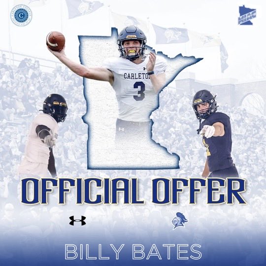 billy_bates2's tweet photo. After a great call with ⁦Coach @AB_balogh⁩ I’m honored and excited to have received an official offer with support of admissions from ⁦@CarletonFB⁩. Can’t wait to be on campus next weekend! ⁦@CoachJournell⁩ 
⁦@CoachRahn⁩ https://t.co/ZloW9D87N4
