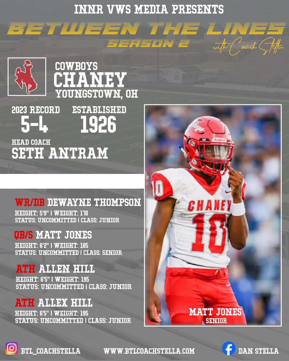 The 2024 Chaney Cowboys . Sr QB/S Matt Jones returns and I'm expecting Matt to have a big time senior season, the 6'2 Jones can take over a game with his arm or his legs, as well as patrolling the back half of the defense at FS showcasing his ball skills, instincts, and big hits.
