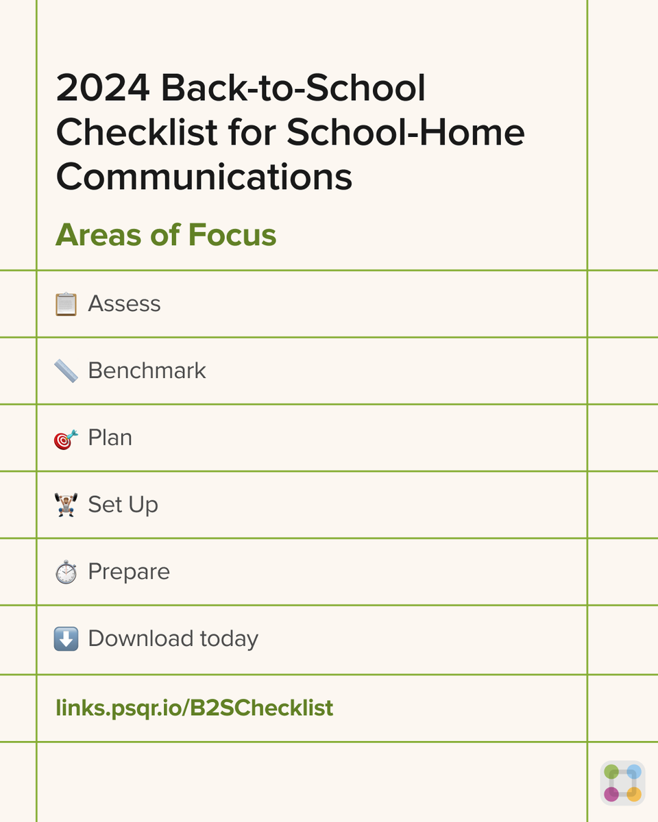 ParentSquare (@parentsquare) on Twitter photo Calling all PIOs, CTOs, superintendents, and principals! Have you gotten your copy of the 2024 Back-to-School Checklist for School-Home Communications yet? 
Access our interactive Google Sheet or printable PDF and start the school year off strong 💪.
links.psqr.io/3LIWgjC Calling all PIOs, CTOs, superintendents, and principals! Have you gotten your copy of the 2024 Back-to-School Checklist for School-Home Communications yet? 
Access our interactive Google Sheet or printable PDF and start the school year off strong 💪.
links.psqr.io/3LIWgjC