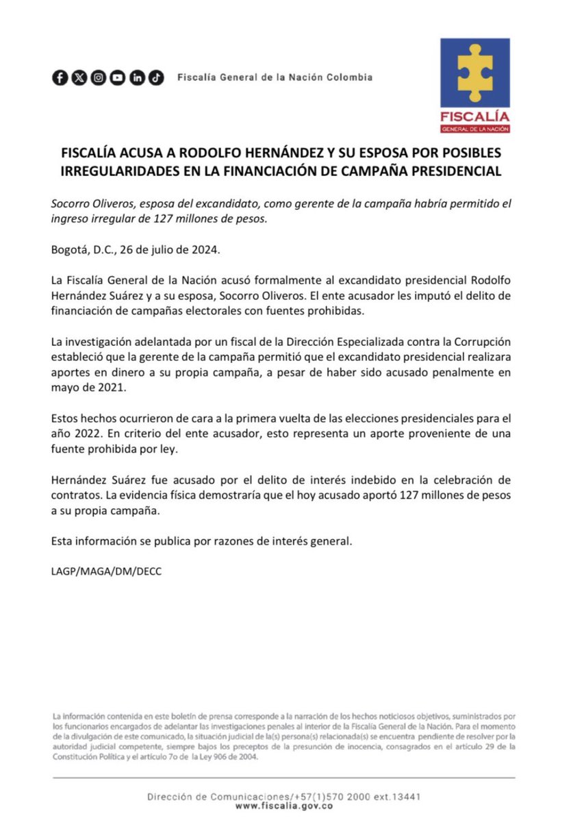 VickyDavilaH's tweet photo. Fiscalía acusa a Rodolfo Hernández por posibles irregularidades en la financiación de la campaña presidencial.

Fiscal Luz Adriana Camargo, ¿y la campaña de Gustavo Petro? ¿Cuándo su Fiscalía toma decisiones sobre Ricardo Roa y otros que participaron activamente en la posible financiación irregular de la campaña Petro Presidente? ¿Y Francia Márquez? 

La celeridad para todos… no solo para los opositores.