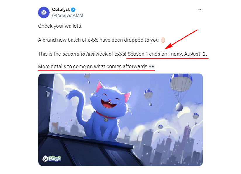Airdrop Adventure ๐งญ (@airdrop_adv) on Twitter photo Last Call for Catalyst Season 1 Egg Farming! โฐ
Season 1 of the <a href="/CatalystAMM/">CatalystAMM is now CatalystSystem</a> egg farming event wraps up in less than a week!
๐๏ธ End Date: Friday, August 2nd, 2024
More details to come on what comes afterwards ๐
โโโโโโ
โ
New to Catalyst? Start here: app.catalyst.exchange/join/joindrop Last Call for Catalyst Season 1 Egg Farming! โฐ
Season 1 of the <a href="/CatalystAMM/">CatalystAMM is now CatalystSystem</a> egg farming event wraps up in less than a week!
๐๏ธ End Date: Friday, August 2nd, 2024
More details to come on what comes afterwards ๐
โโโโโโ
โ
New to Catalyst? Start here: app.catalyst.exchange/join/joindrop