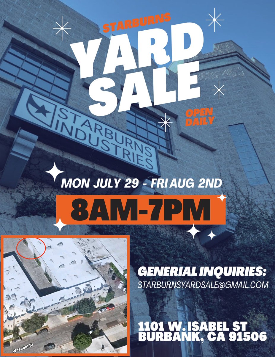 StarburnsInd's tweet photo. Starburns Yard Sale: A Treasure Trove of Animation Studio Items!
Join us at Starburns Mon July 29- Fri Aug 2, 8AM - 7PM, 1101 W. Isabel St, Burbank, CA 91506

We are offering a vast array of office &amp; production supplies, &amp; equipment!

Inquiries? Email: starburnsyardsale@gmail.com https://t.co/tPwIUppDY7