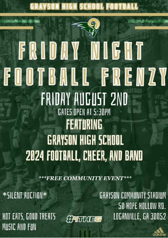 RAM NATION, you are invited out August 2nd to have a great time as we prepare to kick off the season! We want all Grayson supporters in the building! Don’t miss out on a chance to meet your 24’ football team, cheerleaders, and band! #𝟒𝐭𝐡𝐞𝐆