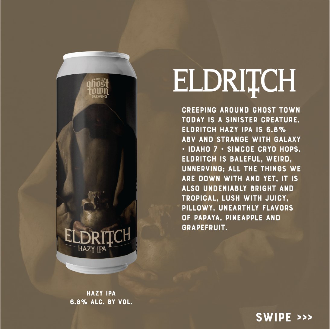 GhostTownBeer's tweet photo. Warning: Consuming These Fresh To Death Beers May Cause Actual Happiness

You can find some of these and us, your favorite eldritch creatures, tomorrow at Faction's unmissable Ales For ALS Festival on Alameda. https://t.co/Z1EV61aDQ1